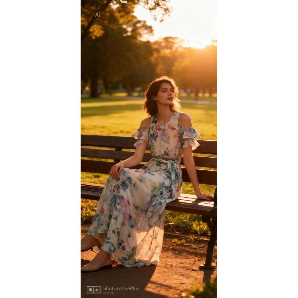 Calvin Klein White/Multicolor Floral Ruffle Cold Shoulder Belted Maxi Dress 6